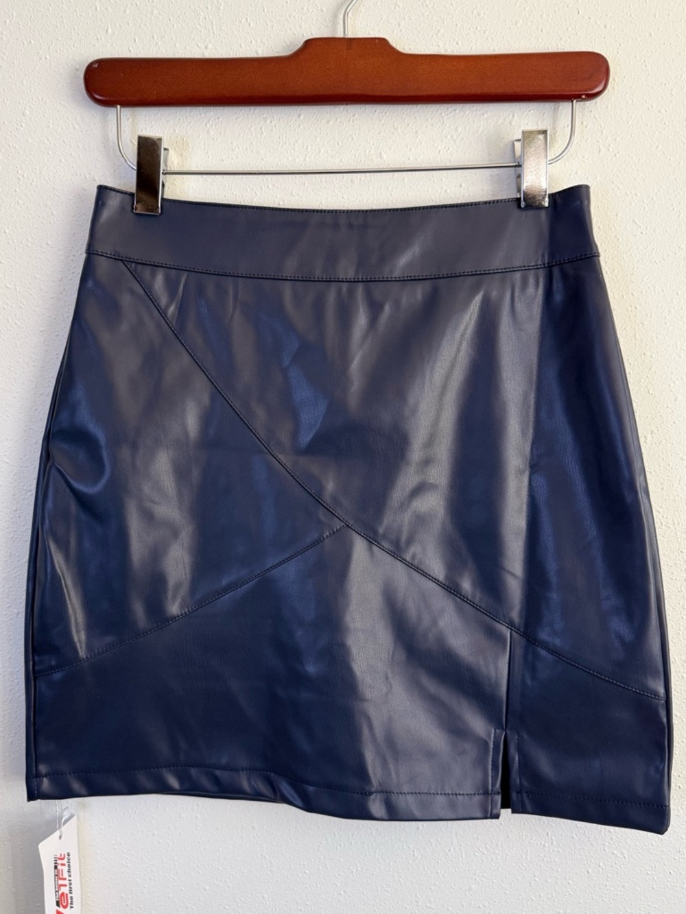 Navy Blue Faux Leather Mini Skirt High Waisted Zip Back Chic NWT